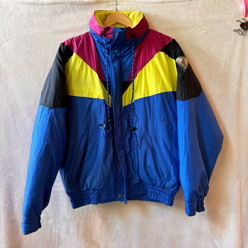 Vtg 90s Weekends Neon Colorblock Snow Skiing Jacket Medium Blue Yellow Purple